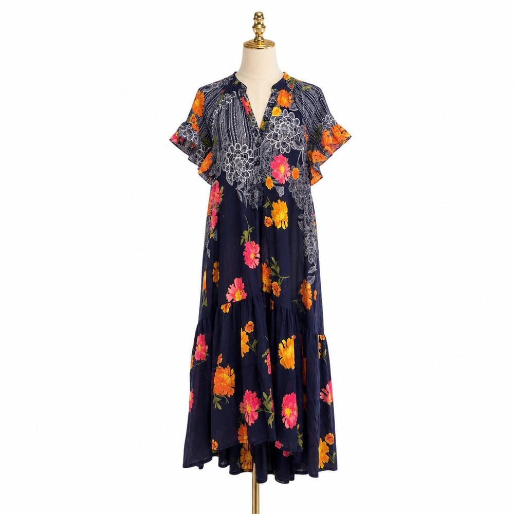 Anthropologie Blue Motif Floral Ruffle Sleeve Maxi Dress SP